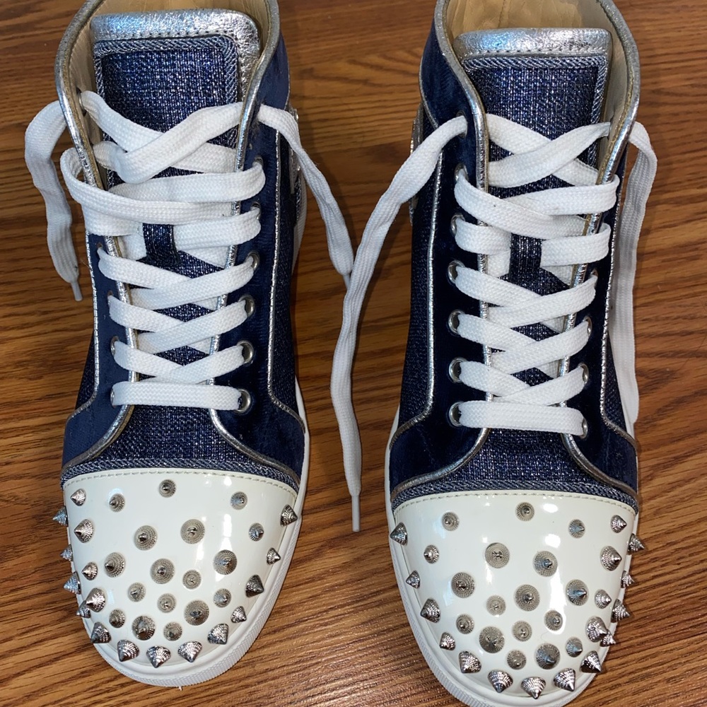 Christian Louboutin Denim, Blue, Silver and white Lou Degra Spike sneakers